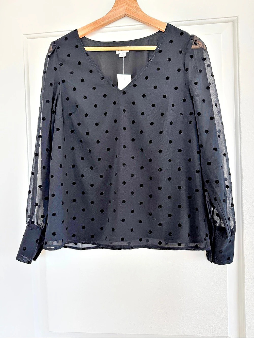 J.Crew Chiffon Dotted Top Flocked Dot Blouse Black Small NWT